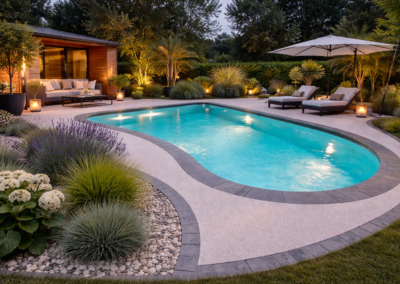 Piscine forme libre avec plage en moquette de pierre drainante beige minéral en Seine-et-Marne 77 au coucher de soleil