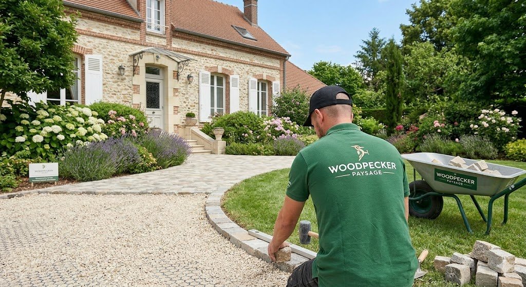 Installation d'une allée paysagère avec pavage et gravier stabilisé par le paysagiste Woodpecker à Coulommiers (77120)