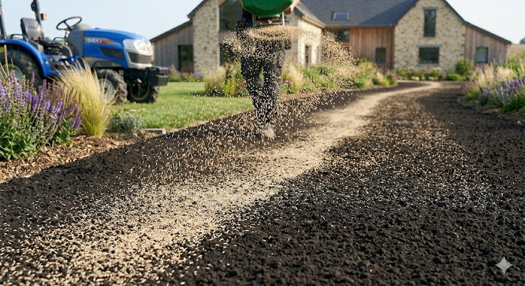 Paysagiste Woodpecker utilisant un enfouisseur de pierres pour refaire une pelouse dans le 77.