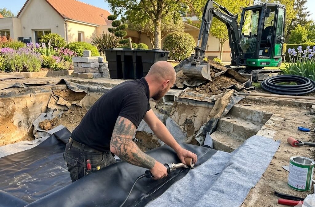 Artisan paysagiste de Woodpecker soudant à chaud une membrane EPDM pour réparer l'étanchéité d'un bassin de jardin dans le 77.