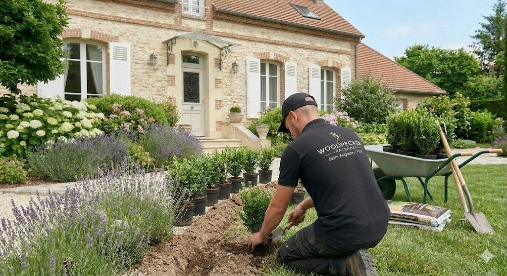 Plantation d'arbustes de haie par le paysagiste Woodpecker à Meaux (77) pour une création de haie Briarde authentique devant une maison en pierre.