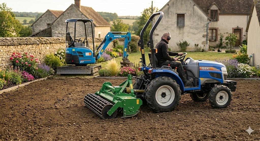 Préparation du sol avec un micro-tracteur et enfouisseur de pierres par Woodpecker Paysage pour la création d'un gazon dans le 77.