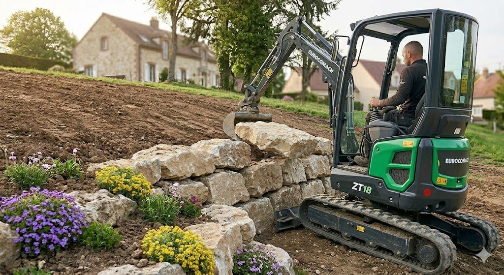 Création d'un mur de soutènement en enrochement avec une mini-pelle Kubota par le paysagiste Woodpecker dans le 77.