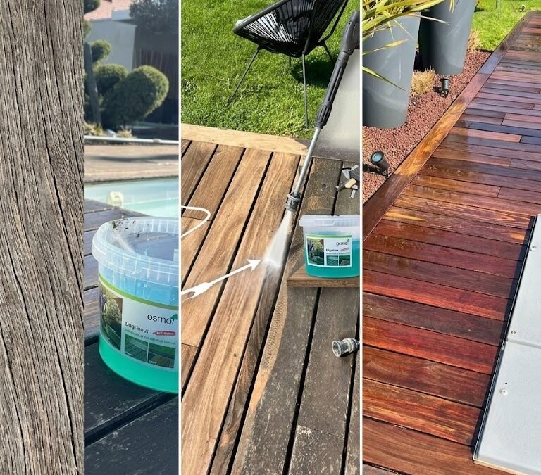 Entretien et dégrisage d'une terrasse en bois avec une brosseuse mécanique Osmo par le paysagiste Woodpecker à Marne-la-Vallée (77).