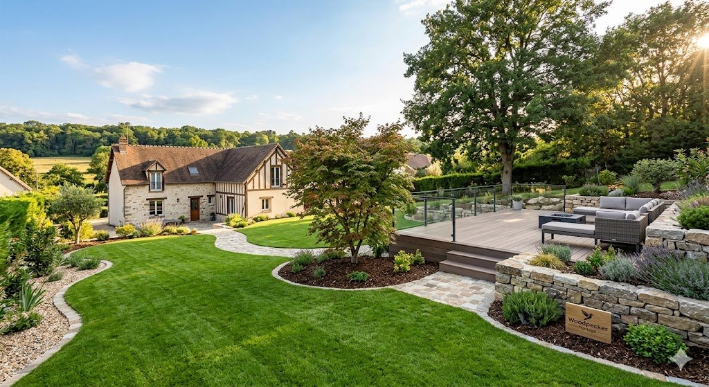 Réalisation d'un aménagement de jardin haut de gamme avec gazon en rouleaux et terrasse bois à Fontainebleau, Seine-et-Marne.
