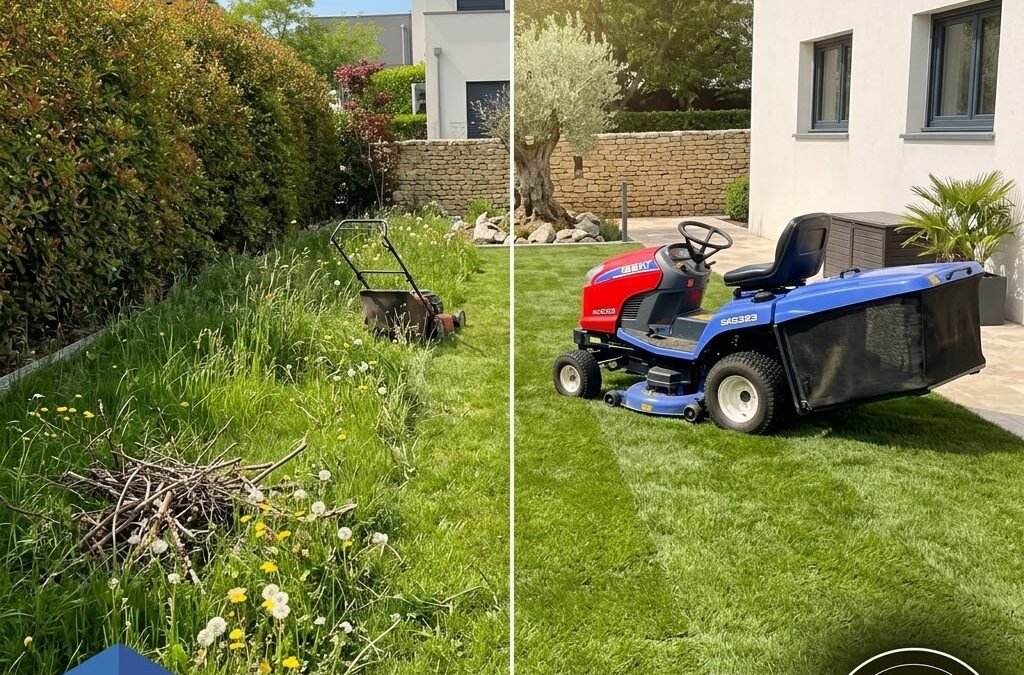 Artisan paysagiste de l'entreprise Woodpecker réalisant la taille de haies et l'entretien d'un jardin avec un taille-haie professionnel en Seine-et-Marne, prestation éligible à 50% de crédit d'impôt.
