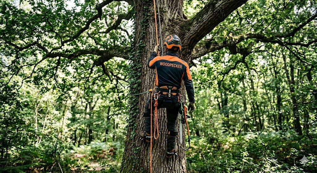 Arboriste grimpeur de l'entreprise Woodpecker équipé d'un harnais et d'une tronçonneuse réalisant l'élagage sécurisé d'un grand arbre en Seine-et-Marne.
