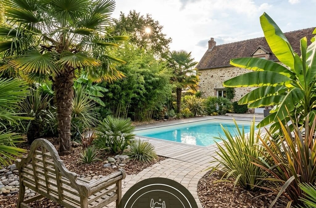 Aménagement paysager haut de gamme autour d'une piscine avec jardin exotique luxuriant (palmiers, bananiers) et maison en pierre en Seine-et-Marne, par les experts de Woodpecker Paysage.