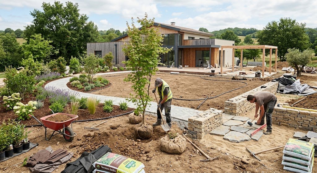 Chantier d'aménagement paysager en cours par un paysagiste concepteur au Val d'Europe, création de jardin haut de gamme avec terrassement et maçonnerie paysagère.