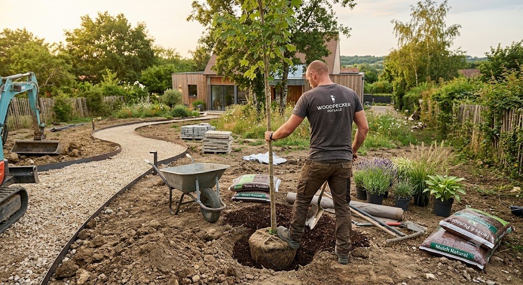 Paysagiste de la société Woodpecker Paysage plantant un arbre lors d'un aménagement de jardin haut de gamme à Bailly-Romainvilliers. Chantier propre et structuré.