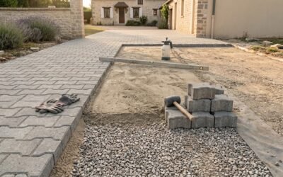 Allée pavée en pente à Voulangis (77580) : butées et caniveau